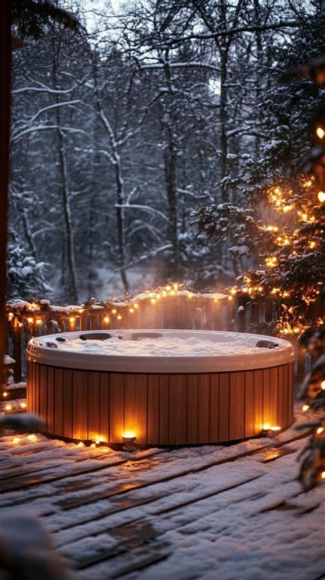 Luxurious Hot Tub On A Wooden Deck Encircled By Fresh Snow And Twinkling Fairy Lights Digital