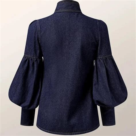Dark Denim Pussy Bow Blouse Shirt Size BNWT Depop