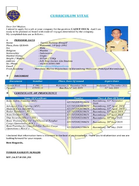 Kumpulan Contoh Cv Pelaut Cadet Terbaru Dan Terlengkap Dalam Menulis