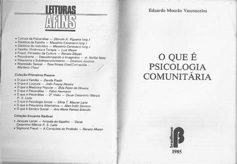 Livro Vasconcelos O Que E Psicologia Comunitaria Psicologia