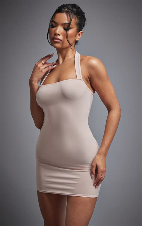 Nude Slinky Halter Strap Bodycon Dress Dresses Plt