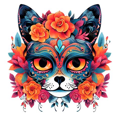 colorful cat sugar skull clipartdia de los muertos cat illustration