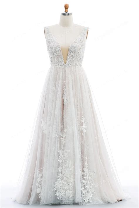 Beaded Floral Lace Pink Nude Plus Size Wedding Dress BETANCY