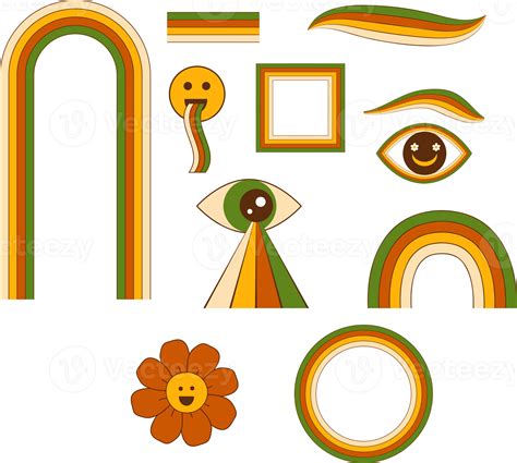 Groovy clipart. Retro 70s element set. Hipster retro cool psychedelic