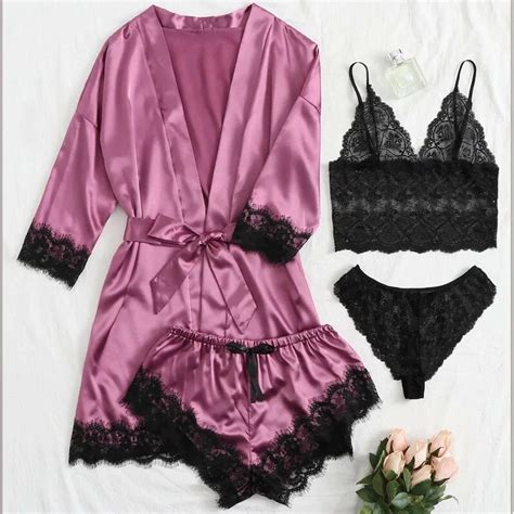 Pieces Women S Sexy Satin Sleepwear Pajamas With Robe Lace Lingerie Bathrobe Silk Home Clothed