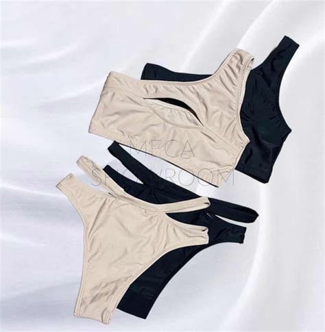 Bikini Malla Negra Tiro Alto De Un Hombro Tienda M45