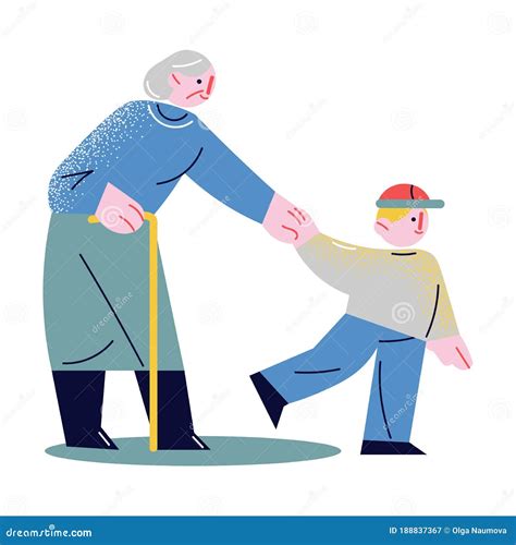 Small Boy Holding Elderly Woman By Hand And Helping Her To Cross Road