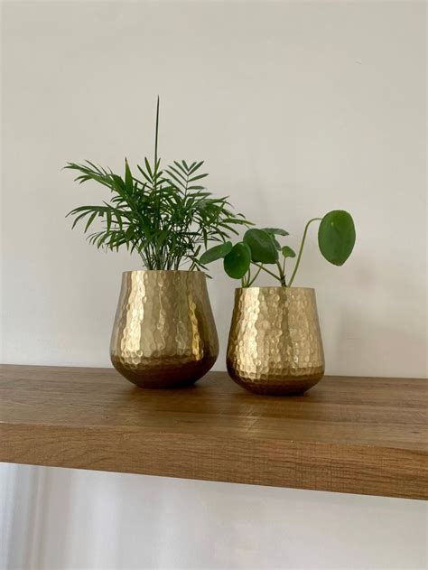 Muted Gold Hammered Metal Plant Pot Etsy Small Fake Plants Gold