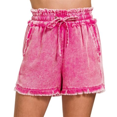 Zenana Outfitters Shorts The Maribelle Hot Pink Tencel Mineral Wash Frayed Shorts Poshmark