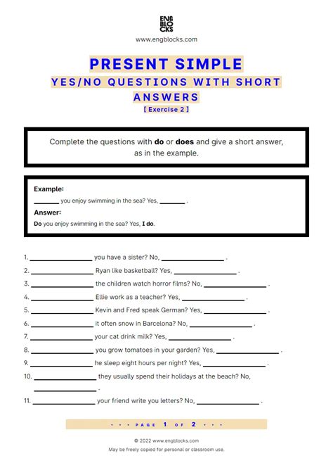Present Simple — Yes‌no Question With Short Answer — Exercise 2 Esl