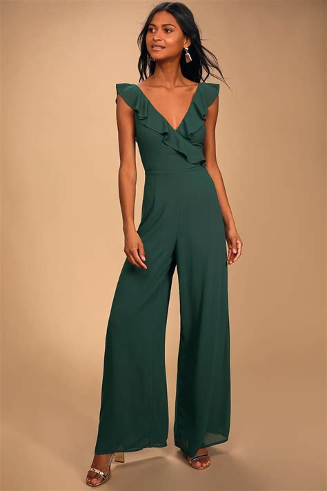 Flounce Of Love Hunter Green Ruffled Wide Leg Jumpsuit Jumpsuit