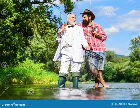 He Is Ready For The Fishing Retired Father And Mature Son With Beard Friends Men With Fishing