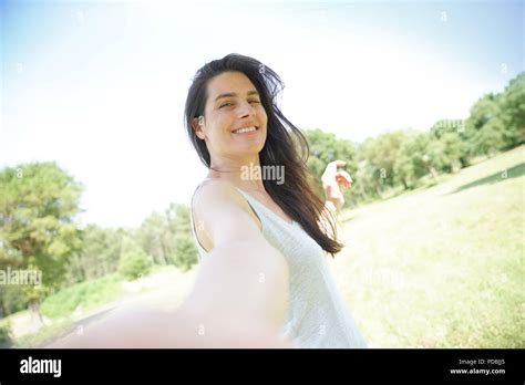Portrait Of Smiling Beautiful Brunette Woman Stock Photo Alamy