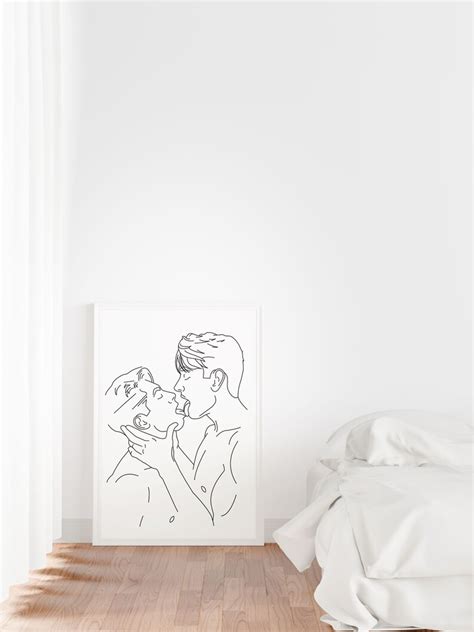 Erotic Gay Couple Lounge Kissing Male Body Line Art Print Etsy