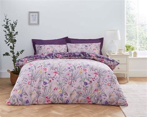 Dunelm Fleur Floral Purple 100 Cotton Reversible Duvet Cover And