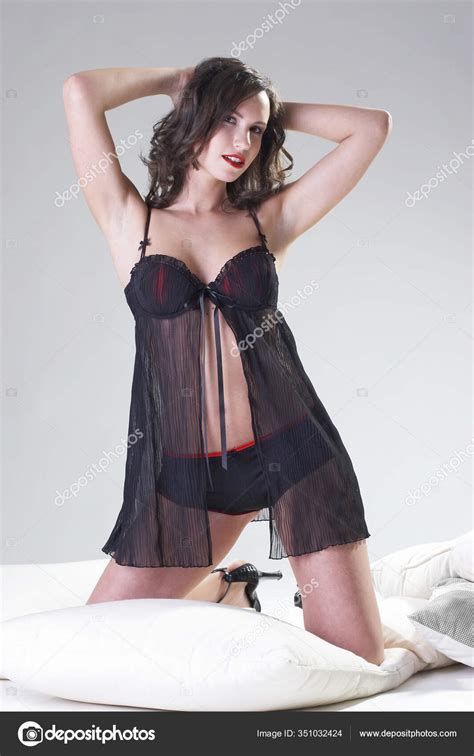 Sexy Woman Black Lingerie Posing Bed Stock Photo Panthermediaseller