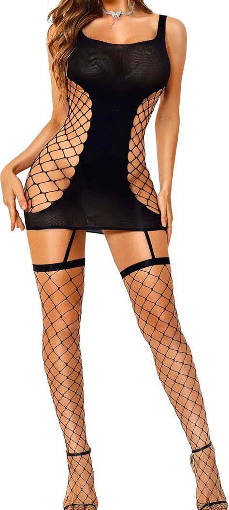 RSLOVE Fishnet Lingerie For Women Exotic Bodystocking Strappy Babydoll Attached Thigh High