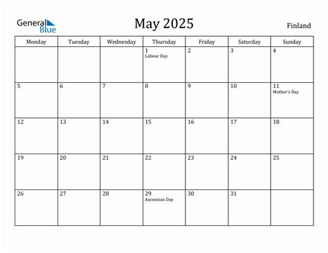 May 2025 - Finland Monthly Calendar with Holidays
