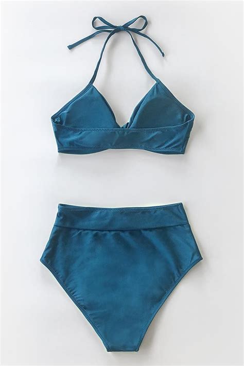 Bikini taille haute à licou et dos nu bleu Cupshe France