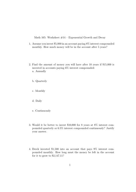 Exponential Growth And Decay Worksheet - Proworksheet