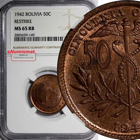 Bolivia Bronze 1942 50 Centavos 12 Boliviano Ngc Ms65 Rb Km 182a 1