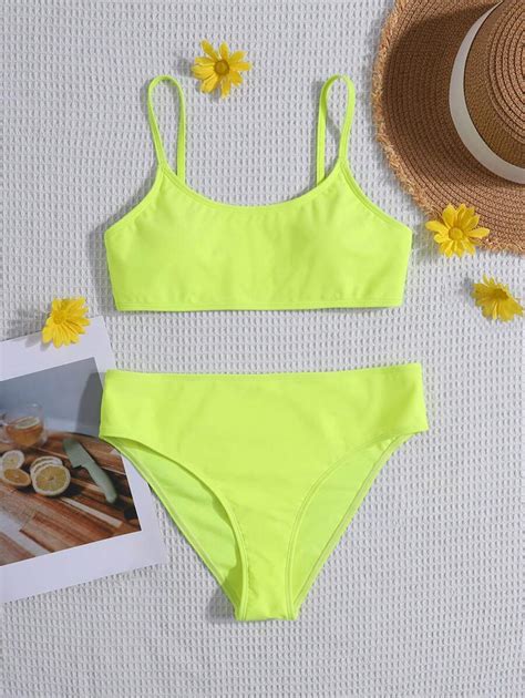 SHEIN Teen Girl Summer Beach Spaghetti Strap Neon Basic Bikini Swimsuit Set Bathing Suit SHEIN USA