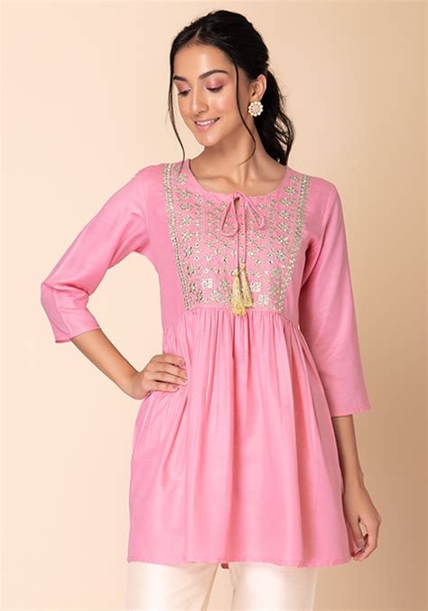 Buy Women Pink Zari Embroidered Short A Line Kurta AW 23 Collection