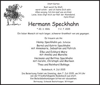 Traueranzeigen Von Hermann Speckhahn Az Trauer De