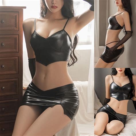 GRKN Women Lingerie Set Wet Look PU Leather Clubwear Straps Bra Tops Skirt Gloves Shopee
