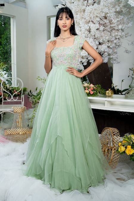 Buy Green Silk Organza Embellishment Bugle Beads Layered Asymmetric