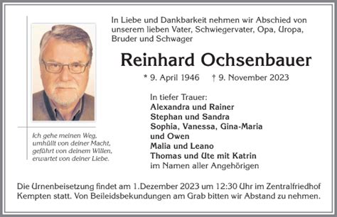 Traueranzeigen von Reinhard Ochsenbauer Allgäuer Zeitung