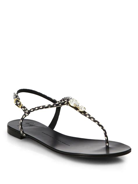 Giuseppe Zanotti Jeweled Leather T Strap Sandals In Black Lyst