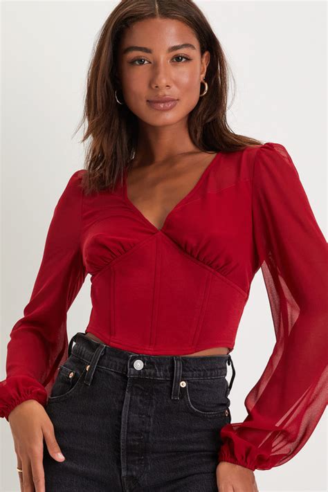 Sexy Red Top V Neck Top Balloon Sleeve Top Corset Crop Top Lulus