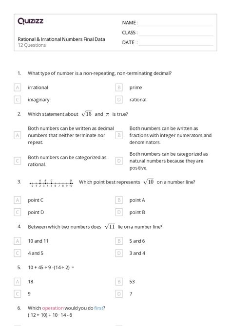 50 Irrational Numbers Worksheets For 6th Grade On Quizizz Free And Printable