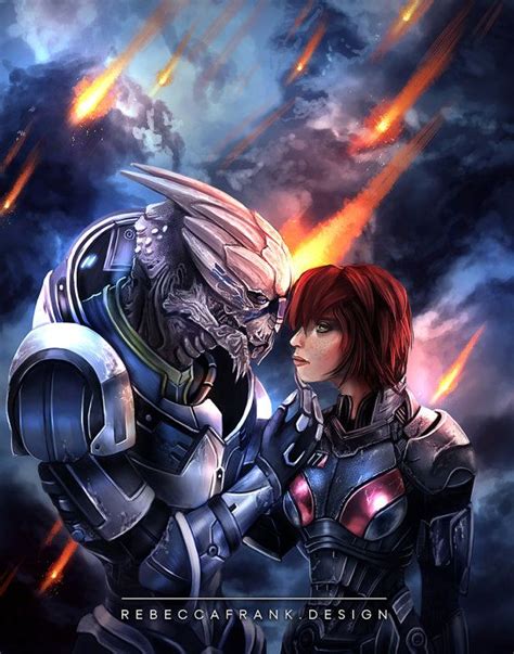 Mass Effect Shakarian Femshep And Garrus By Rebeccafrankart Mass