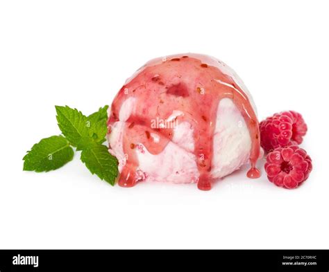 Scoop Of Raspberry Ice Cream With Fresh Raspberries Mint And Raspberry