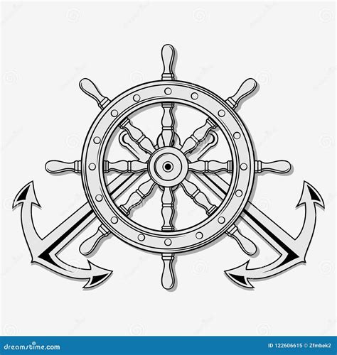 Ship Steering Wheel And Crossed Nautical Anchors Vector Illustration