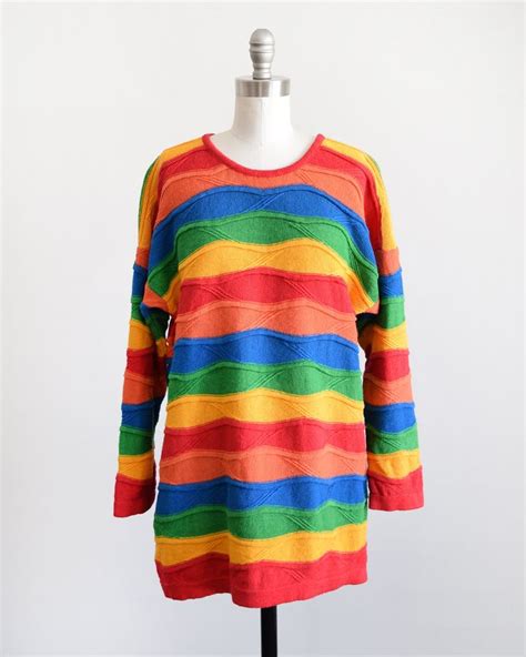 Rainbow Striped Sweater Vintage 90s Bright Multicolor Etsy Stripe