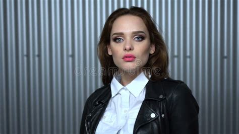 Pretty Brunette Woman With Leather Jacket Stock Video Video Of Beauty Face 70530215