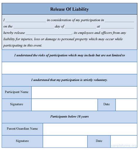 Free Printable Liability Release Form Template Form GENERIC