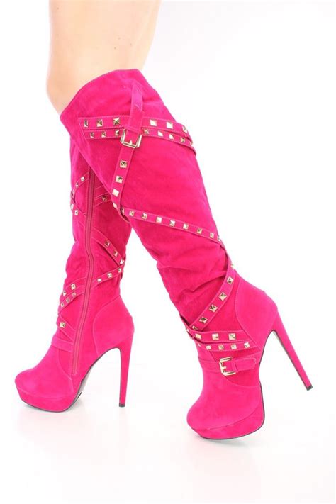 Hot Pink Studded Strappy High Heel Boots Faux Suede Knee High Heels