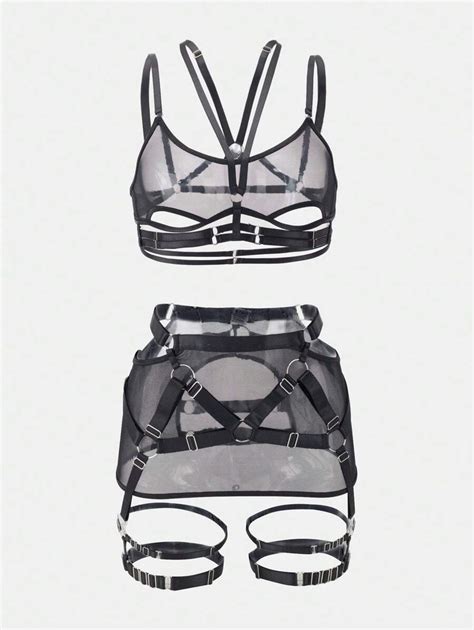 Women S Sexy Lingerie Mesh See Through Hanging Neck Four Piece Body Shaping Separates Set