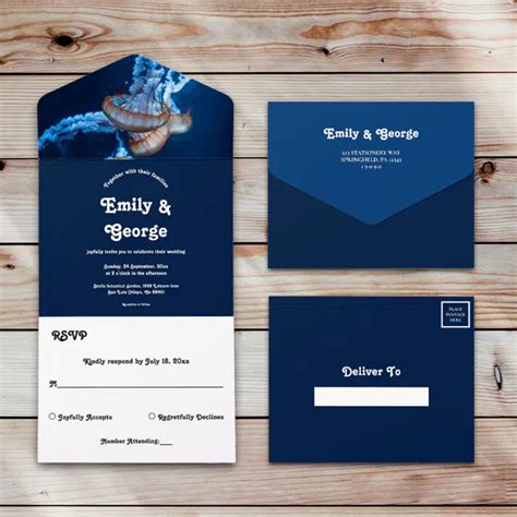 Navy Blue Underwater Jellyfish Nautical Wedding All In One Invitation