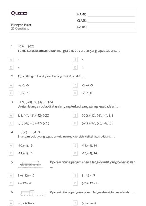 Lembar Kerja Operasi Dengan Bilangan Bulat Untuk Kelas Di Quizizz