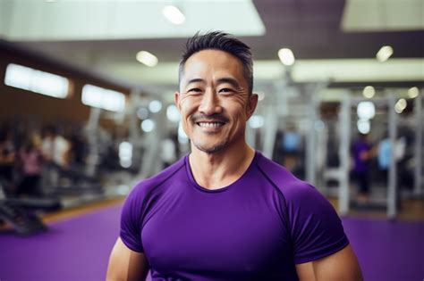 Premium AI Image Mature Asian Gym Trainer In Purple Tank Top With