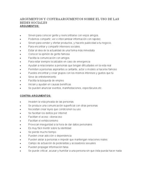 Argumentos y Contraargumentos Sobre El Uso de Las Redes Sociales | PDF ... 