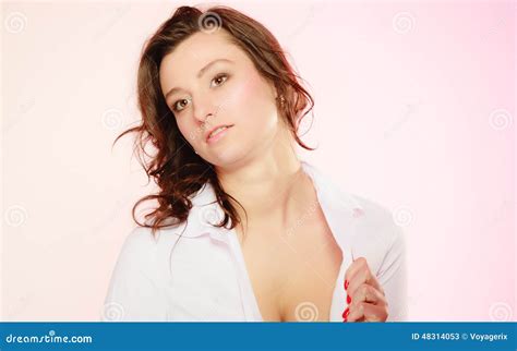 Portrait Of Brunette Girl Long Hair On Pink Stock Image Image Of Seductive Fashion 48314053