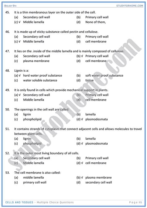 Cells And Tissues Mcqs Biology 9th