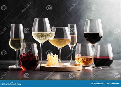 Variety Of Glasses With Red White And Rose Wine Generative AI Stock