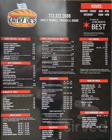 Kathy De's Deli menu in Chicago, Illinois, USA